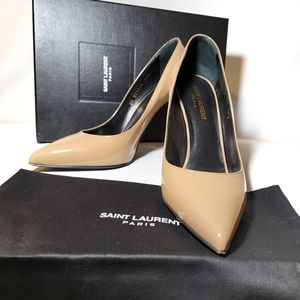 Saint Laurent Beige Patent Leather Pointed-Toe Pumps
